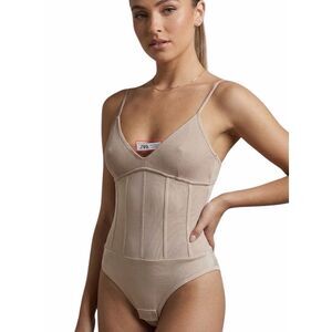 Zara Nude Ribbed Knit & Mesh Corset Style Bodysuit Size S